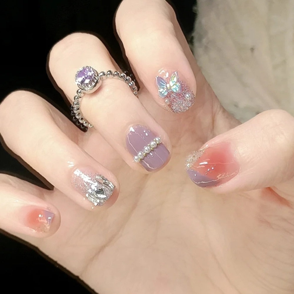 Fake Nails Sets Press on Ballet False Nails with Flower Designs Removable Acrylic Artificial Nails Glitter Nails Art Long Tips