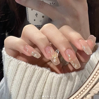 Fake Nails Sets Press on Ballet False Nails with Flower Designs Removable Acrylic Artificial Nails Glitter Nails Art Long Tips