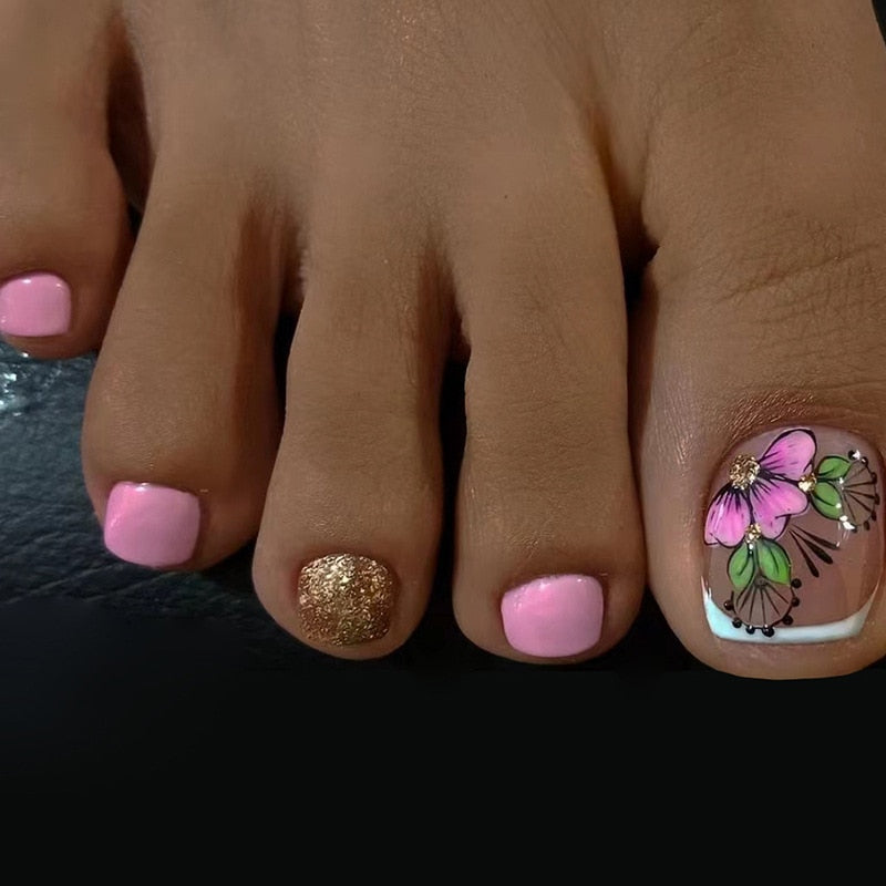 False Toe Nails Summer Simple Wearable Fake Toenails Set Press On Nail French Removable Nail Stickers With Glue For Girls 24pcs