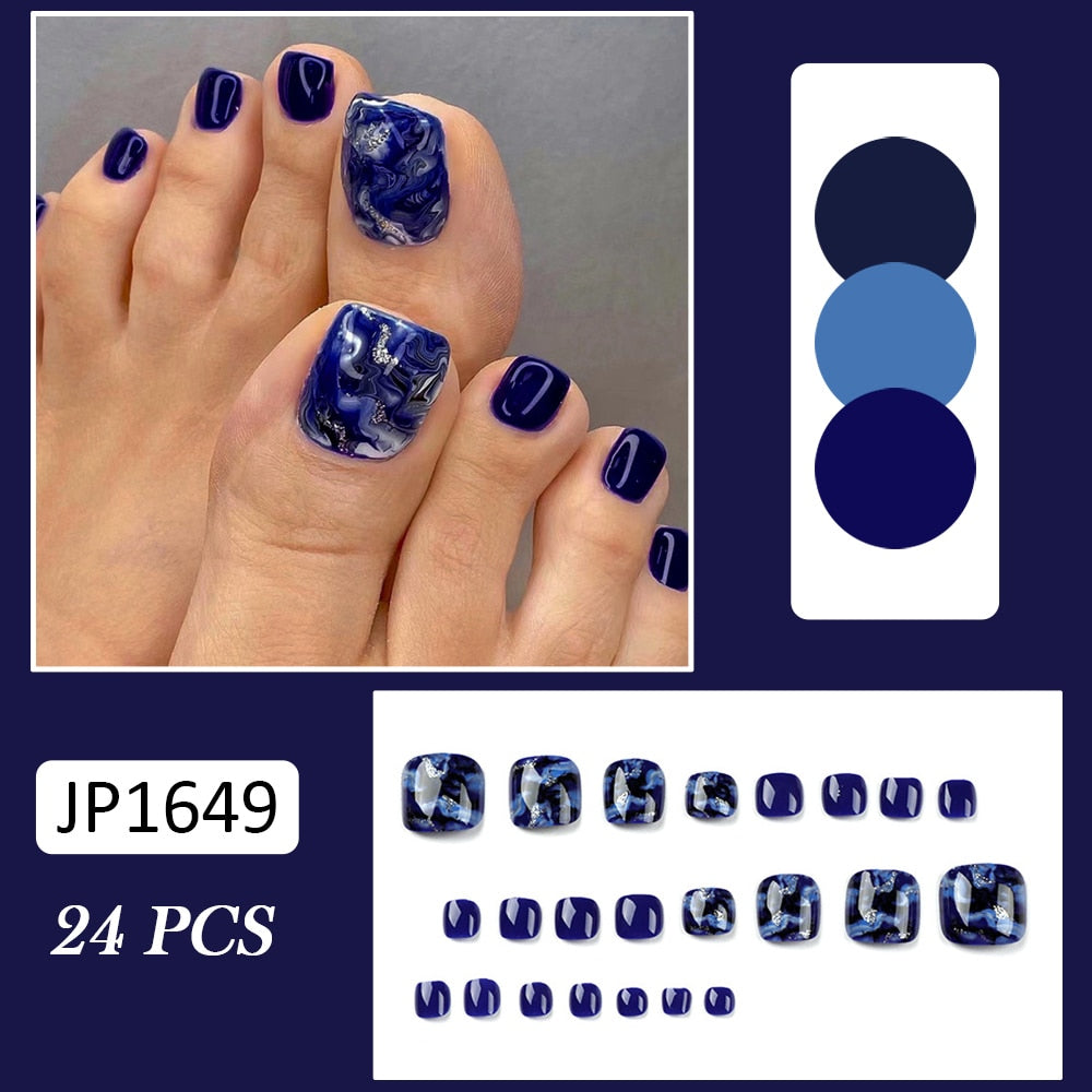 False Toe Nails Summer Simple Wearable Fake Toenails Set Press On Nail French Removable Nail Stickers With Glue For Girls 24pcs