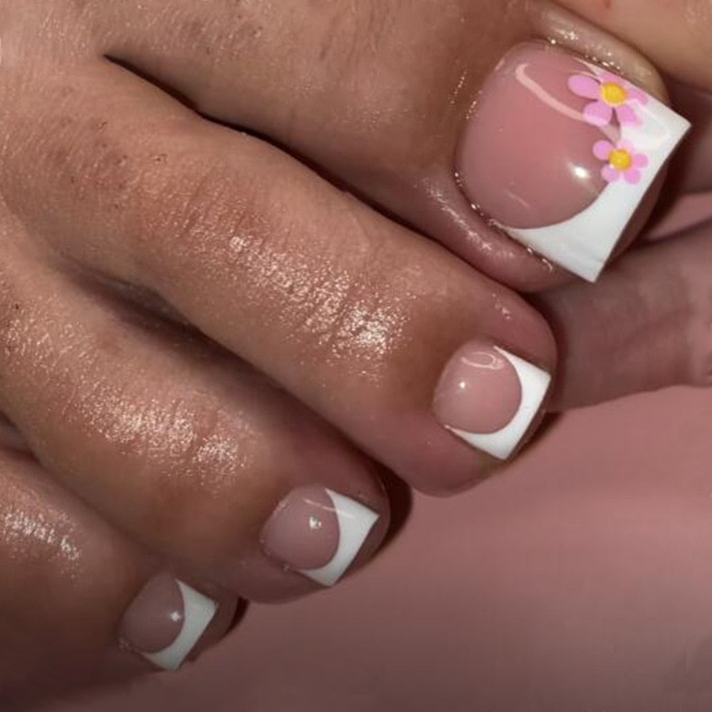 False Toe Nails Summer Simple Wearable Fake Toenails Set Press On Nail French Removable Nail Stickers With Glue For Girls 24pcs