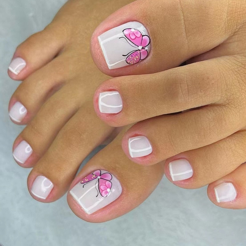 False Toe Nails Summer Simple Wearable Fake Toenails Set Press On Nail French Removable Nail Stickers With Glue For Girls 24pcs