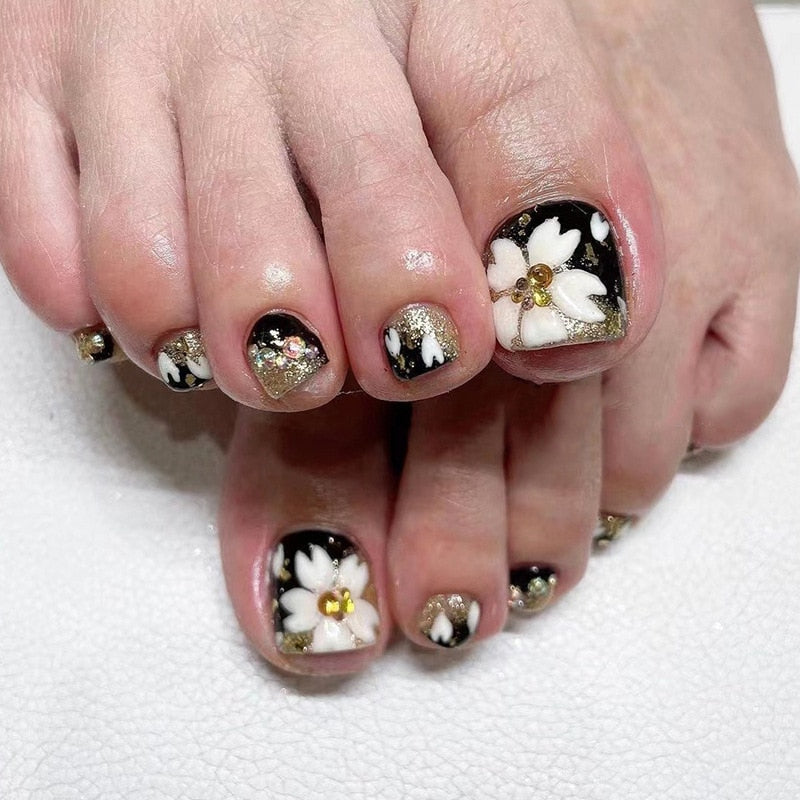 False Toe Nails Summer Simple Wearable Fake Toenails Set Press On Nail French Removable Nail Stickers With Glue For Girls 24pcs