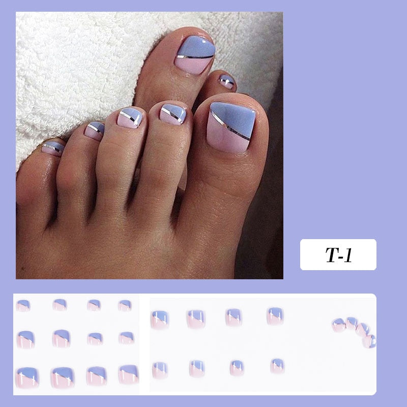 False Toe Nails Summer Simple Wearable Fake Toenails Set Press On Nail French Removable Nail Stickers With Glue For Girls 24pcs