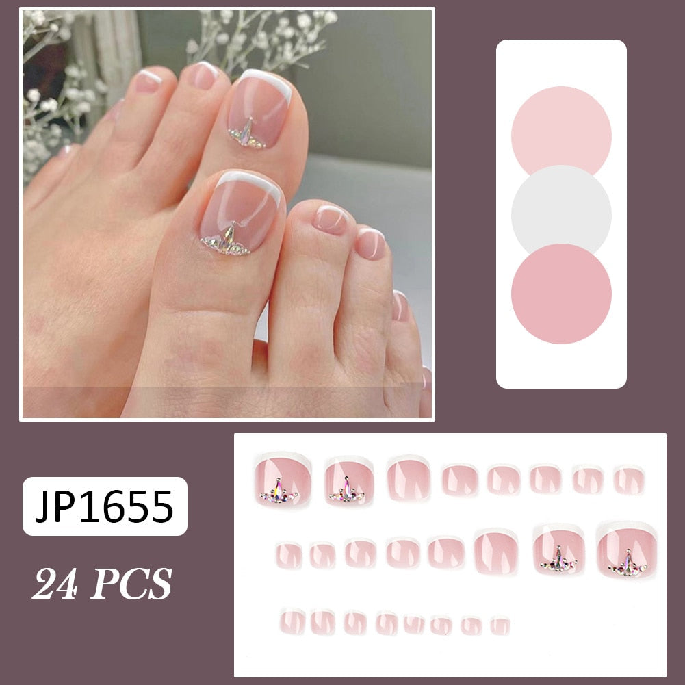 False Toe Nails Summer Simple Wearable Fake Toenails Set Press On Nail French Removable Nail Stickers With Glue For Girls 24pcs