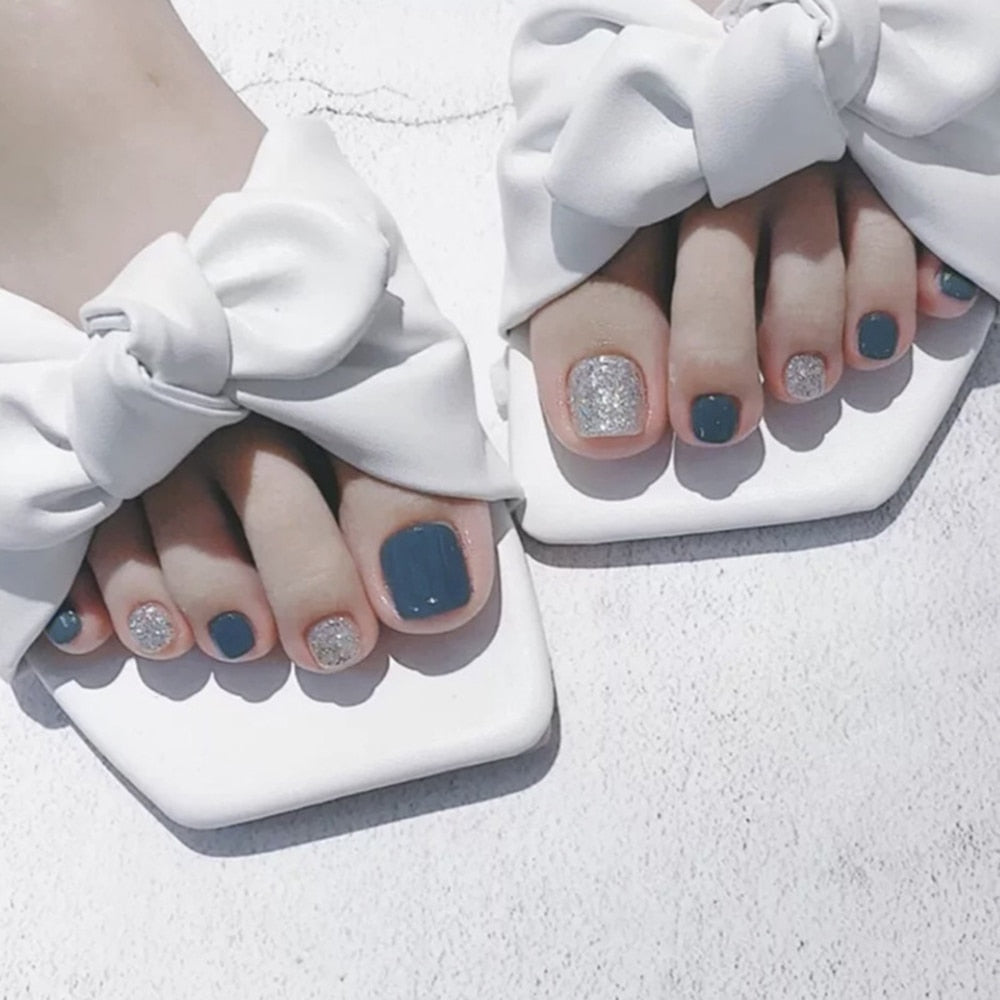 False Toe Nails Summer Simple Wearable Fake Toenails Set Press On Nail French Removable Nail Stickers With Glue For Girls 24pcs