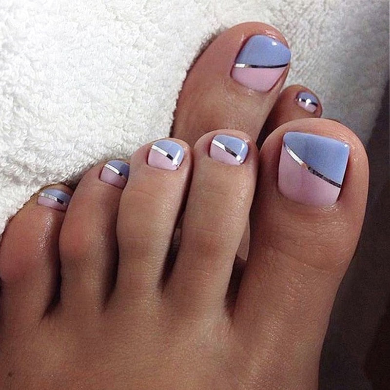 False Toe Nails Summer Simple Wearable Fake Toenails Set Press On Nail French Removable Nail Stickers With Glue For Girls 24pcs