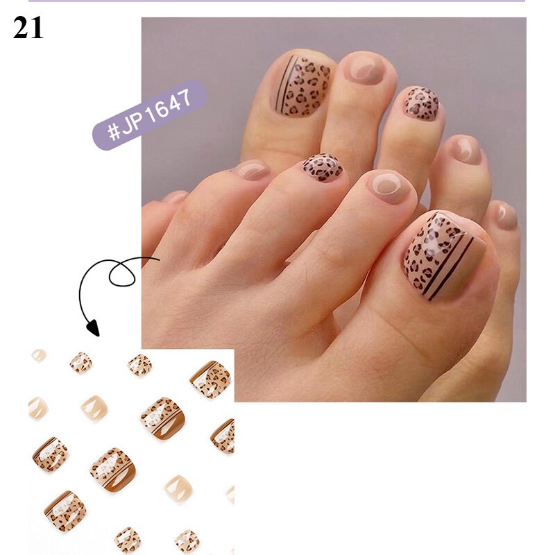 False Toenail 24Pcs/Box Toe Nail 3D Glitter Decor Press On Fake Nails With Glue Detachable Square Short Full Cover DIY Nail Tips