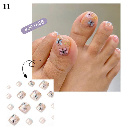 False Toenail 24Pcs/Box Toe Nail 3D Glitter Decor Press On Fake Nails With Glue Detachable Square Short Full Cover DIY Nail Tips