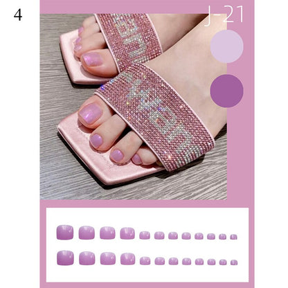 False Toenail 24Pcs/Box Toe Nail 3D Glitter Decor Press On Fake Nails With Glue Detachable Square Short Full Cover DIY Nail Tips