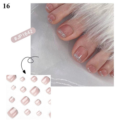 False Toenail 24Pcs/Box Toe Nail 3D Glitter Decor Press On Fake Nails With Glue Detachable Square Short Full Cover DIY Nail Tips