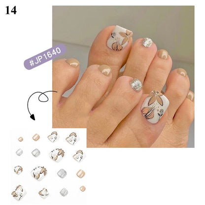 False Toenail 24Pcs/Box Toe Nail 3D Glitter Decor Press On Fake Nails With Glue Detachable Square Short Full Cover DIY Nail Tips