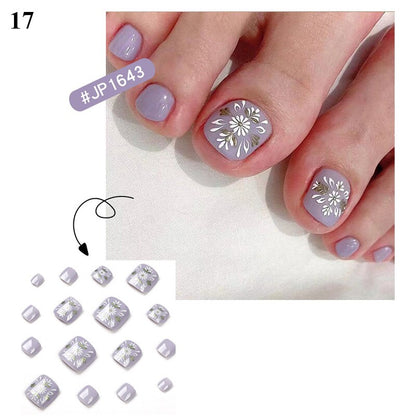 False Toenail 24Pcs/Box Toe Nail 3D Glitter Decor Press On Fake Nails With Glue Detachable Square Short Full Cover DIY Nail Tips