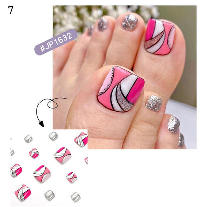 False Toenail 24Pcs/Box Toe Nail 3D Glitter Decor Press On Fake Nails With Glue Detachable Square Short Full Cover DIY Nail Tips