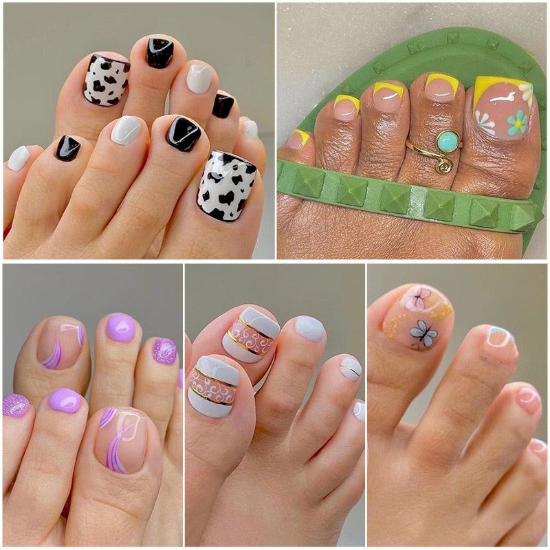 False Toenail 24Pcs/Box Toe Nail 3D Glitter Decor Press On Fake Nails With Glue Detachable Square Short Full Cover DIY Nail Tips