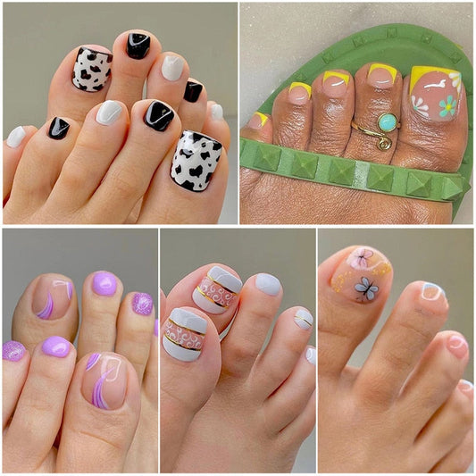 False Toenail 24Pcs/Box Toe Nail 3D Glitter Decor Press On Fake Nails With Glue Detachable Square Short Full Cover DIY Nail Tips