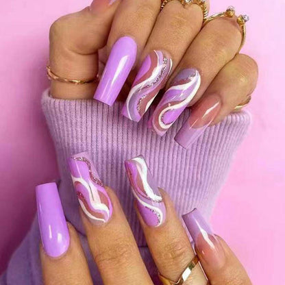 French Ballet False Nails With Gold Foil Glitter Designs Wearable Long Coffin Ballerina Press On Fake Nails Full Cover Nail Tips