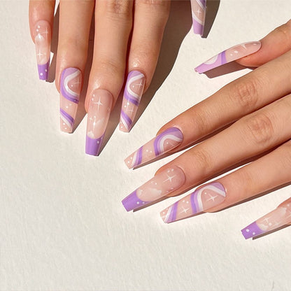 French Ballet False Nails With Gold Foil Glitter Designs Wearable Long Coffin Ballerina Press On Fake Nails Full Cover Nail Tips