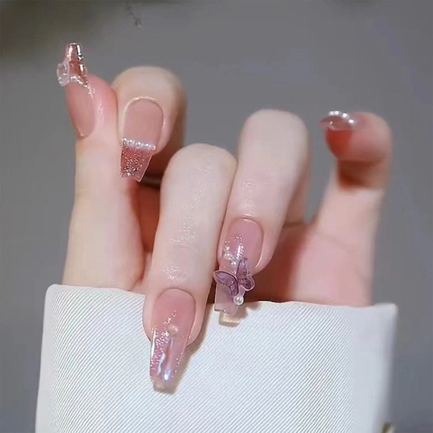 French Style False Nails Glitte Bow Design Fake Nail Patch False Nail Patch Mid Length Coffin Ballerina Acrylic Artificial Nails