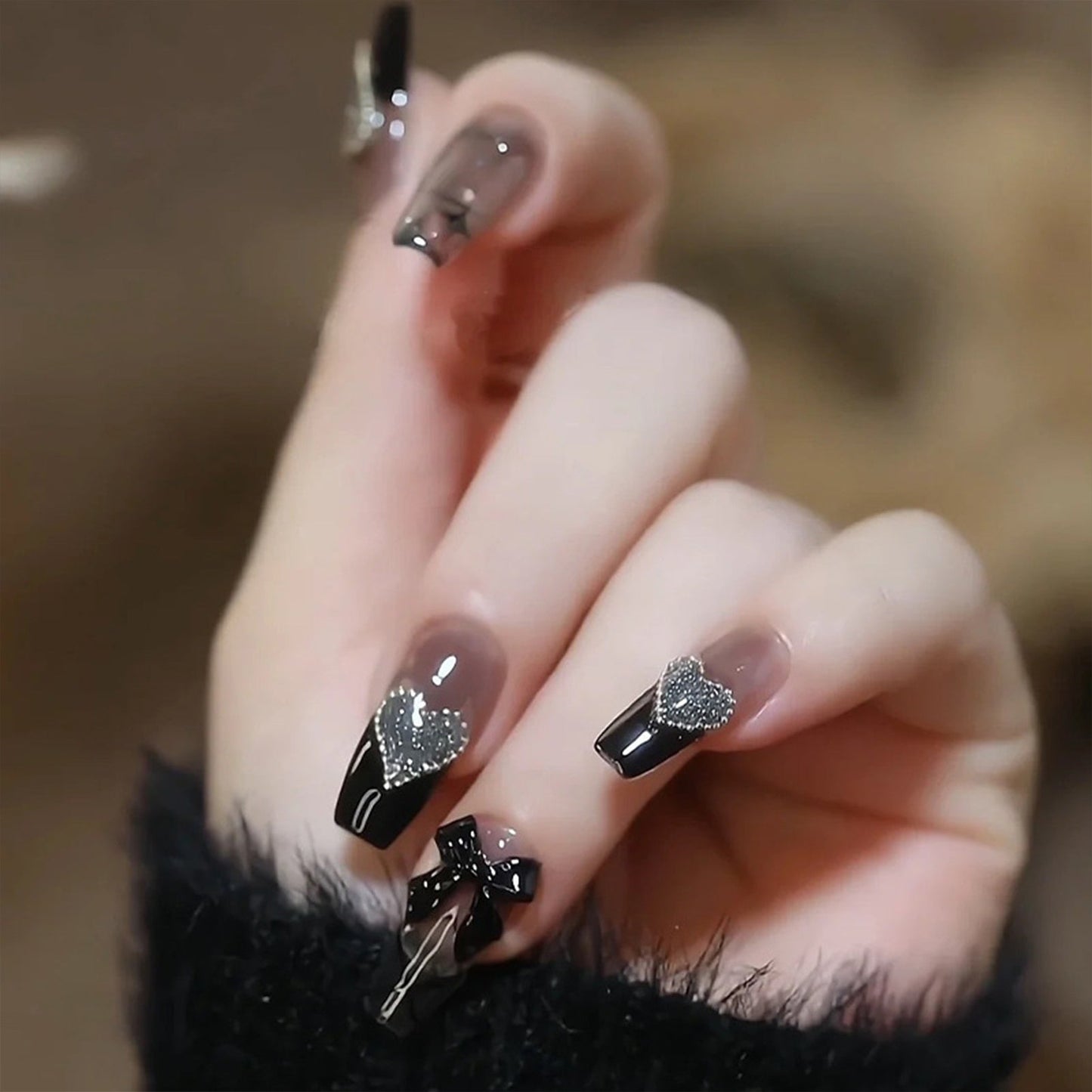 French Style False Nails Glitte Bow Design Fake Nail Patch False Nail Patch Mid Length Coffin Ballerina Acrylic Artificial Nails