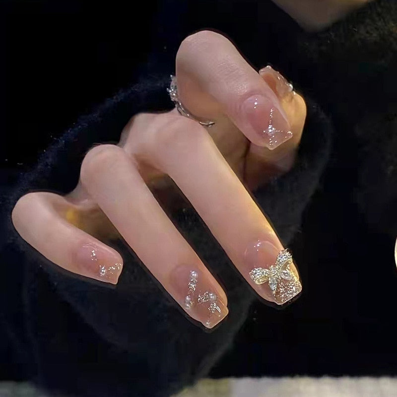 French Style False Nails Glitte Bow Design Fake Nail Patch False Nail Patch Mid Length Coffin Ballerina Acrylic Artificial Nails