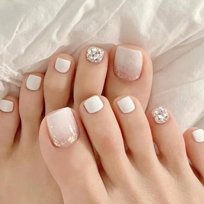 Glitter Crystal French Press On Toenails Diamond Decor False Toe Nails Square Head Artificial Nails Patch For Feet