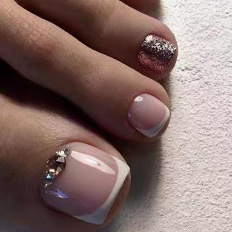 Glitter Crystal French Press On Toenails Diamond Decor False Toe Nails Square Head Artificial Nails Patch For Feet