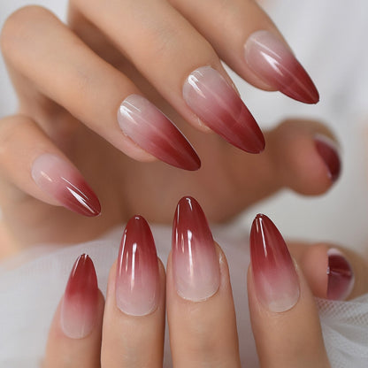 Glossy Gradient Rainbow Ombre French Press on Nails Almond Fake Nails Stiletto Oval Pointed Manicure False Nails Finger Tips