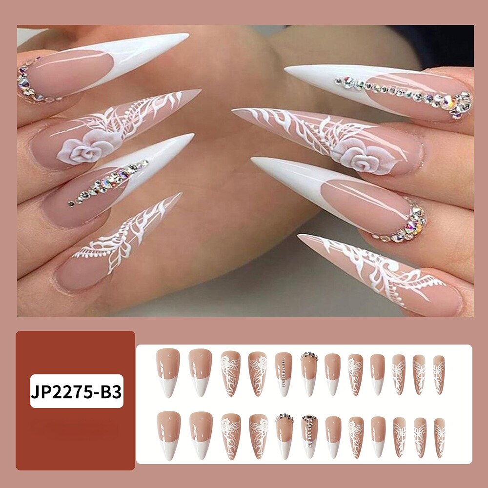 Glossy Pink Wearable Nail Art Blue Rhinestone Extra Long Ballet Detachable Finished False Nails Press on Nails with Glue