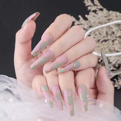 Glossy Pink Wearable Nail Art Blue Rhinestone Extra Long Ballet Detachable Finished False Nails Press on Nails with Glue