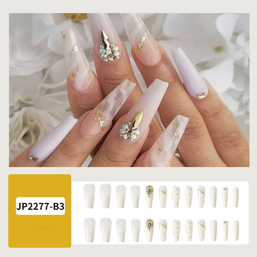 Glossy Pink Wearable Nail Art Blue Rhinestone Extra Long Ballet Detachable Finished False Nails Press on Nails with Glue