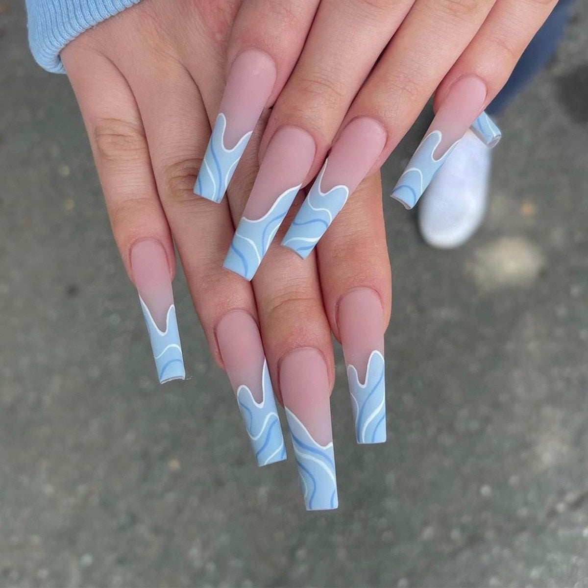Glossy Pink Wearable Nail Art Blue Rhinestone Extra Long Ballet Detachable Finished False Nails Press on Nails with Glue