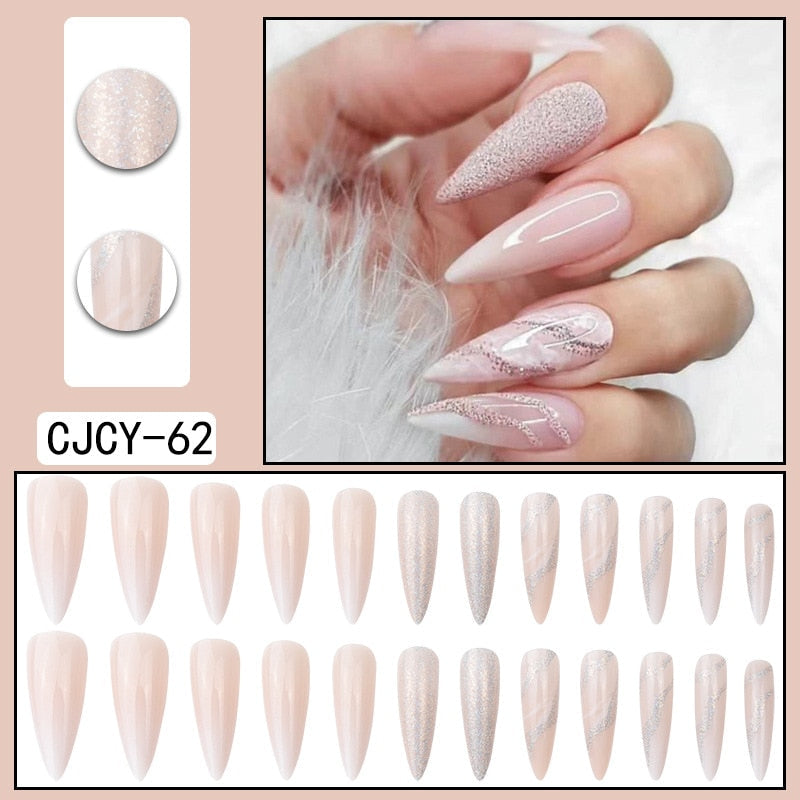Glossy Pink Wearable Nail Art Blue Rhinestone Extra Long Ballet Detachable Finished False Nails Press on Nails with Glue