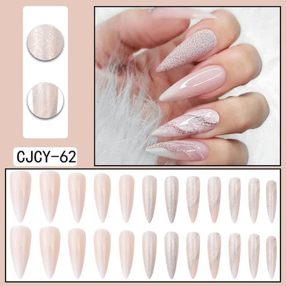 Glossy Pink Wearable Nail Art Blue Rhinestone Extra Long Ballet Detachable Finished False Nails Press on Nails with Glue