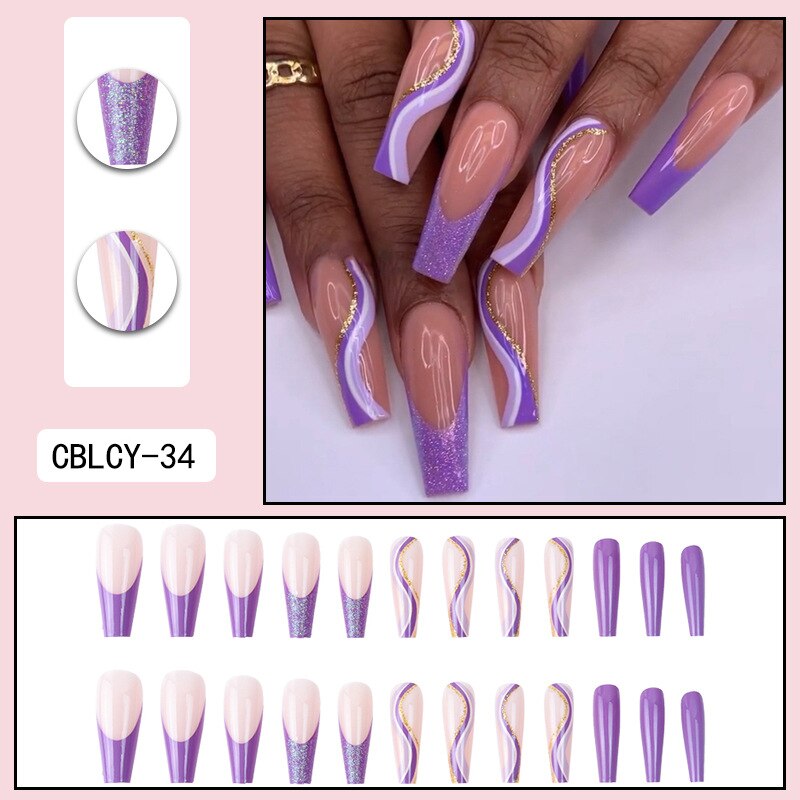 Glossy Pink Wearable Nail Art Blue Rhinestone Extra Long Ballet Detachable Finished False Nails Press on Nails with Glue
