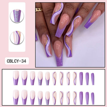 Glossy Pink Wearable Nail Art Blue Rhinestone Extra Long Ballet Detachable Finished False Nails Press on Nails with Glue