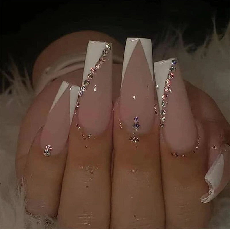 Glossy Pink Wearable Nail Art Blue Rhinestone Extra Long Ballet Detachable Finished False Nails Press on Nails with Glue
