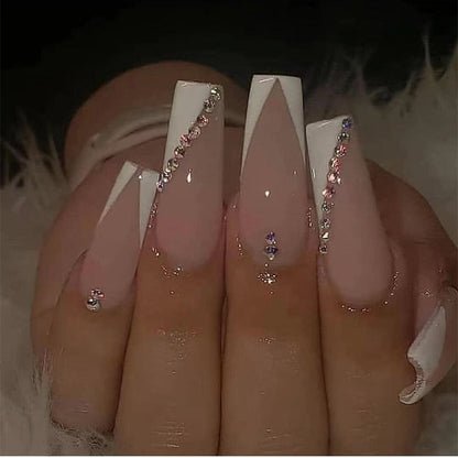 Glossy Pink Wearable Nail Art Blue Rhinestone Extra Long Ballet Detachable Finished False Nails Press on Nails with Glue
