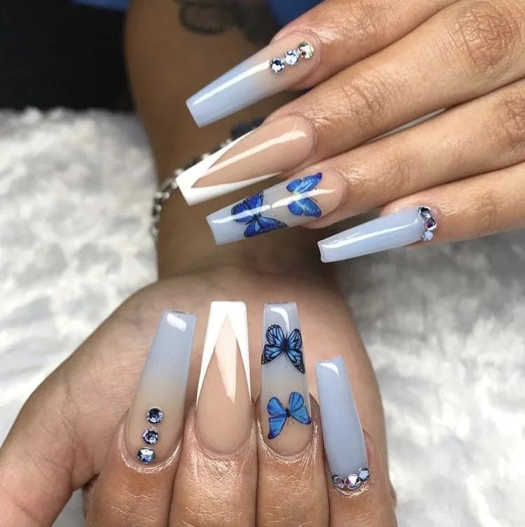 Glossy Pink Wearable Nail Art Blue Rhinestone Extra Long Ballet Detachable Finished False Nails Press on Nails with Glue