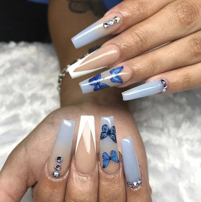 Glossy Pink Wearable Nail Art Blue Rhinestone Extra Long Ballet Detachable Finished False Nails Press on Nails with Glue
