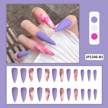 Glossy Pink Wearable Nail Art Blue Rhinestone Extra Long Ballet Detachable Finished False Nails Press on Nails with Glue