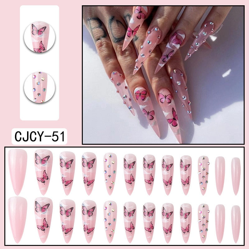 Glossy Pink Wearable Nail Art Blue Rhinestone Extra Long Ballet Detachable Finished False Nails Press on Nails with Glue