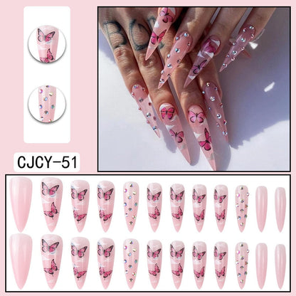 Glossy Pink Wearable Nail Art Blue Rhinestone Extra Long Ballet Detachable Finished False Nails Press on Nails with Glue