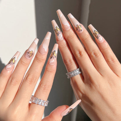 Glossy Pink Wearable Nail Art Blue Rhinestone Extra Long Ballet Detachable Finished False Nails Press on Nails with Glue
