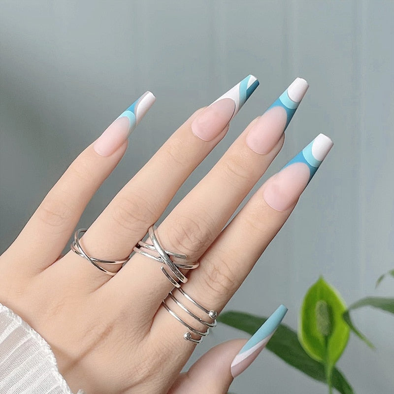 Glossy Pink Wearable Nail Art Blue Rhinestone Extra Long Ballet Detachable Finished False Nails Press on Nails with Glue