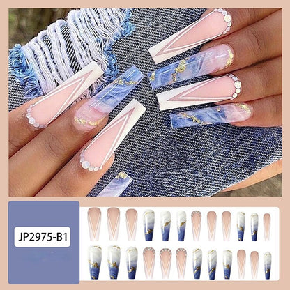 Glossy Pink Wearable Nail Art Blue Rhinestone Extra Long Ballet Detachable Finished False Nails Press on Nails with Glue