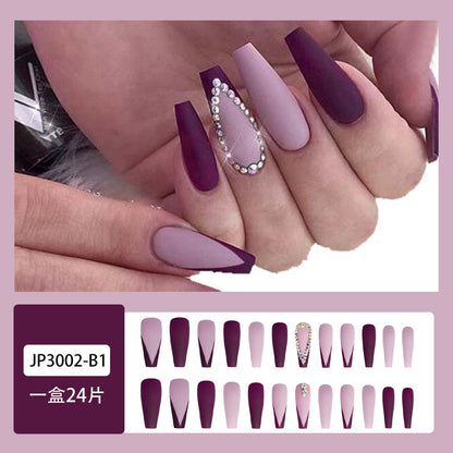 Glossy Pink Wearable Nail Art Blue Rhinestone Extra Long Ballet Detachable Finished False Nails Press on Nails with Glue