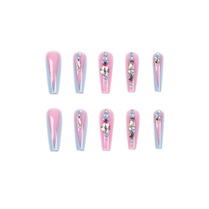 Glossy Pink Wearable Nail Art Blue Rhinestone Extra Long Ballet Detachable Finished False Nails Press on Nails with Glue