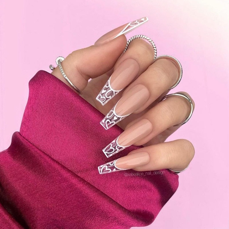 Glossy Pink Wearable Nail Art Blue Rhinestone Extra Long Ballet Detachable Finished False Nails Press on Nails with Glue