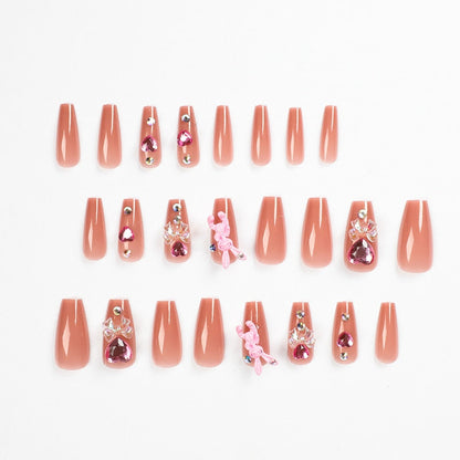 Glossy Pink Wearable Nail Art Blue Rhinestone Extra Long Ballet Detachable Finished False Nails Press on Nails with Glue
